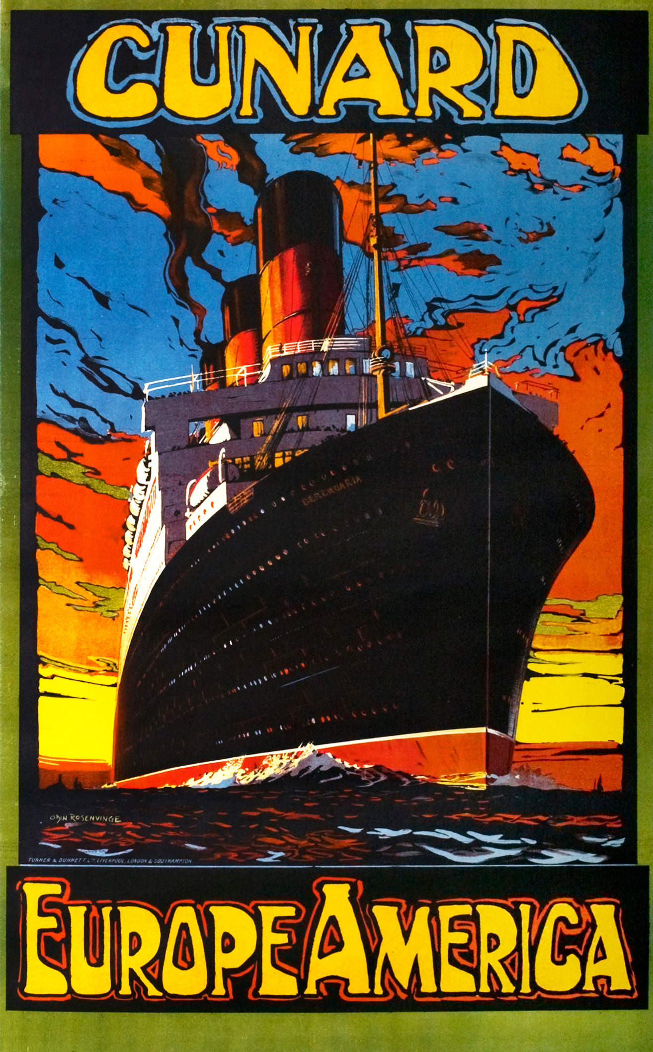 Ocean liner Berengaria steams out to sea under fiery sunset; red, blue, black, yellow