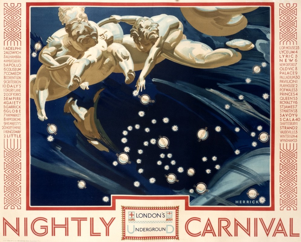 Cherubs in over night sky with constellation of Underground stops; red, blue, white