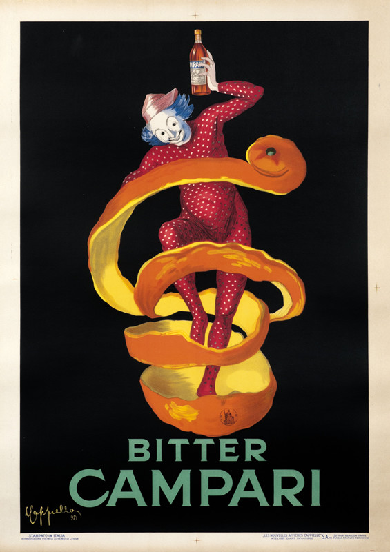 Jester in red costume emerges from orange peel holding bottle; orange, black, green