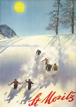 Six skiers ski down mountain, sun above; blue