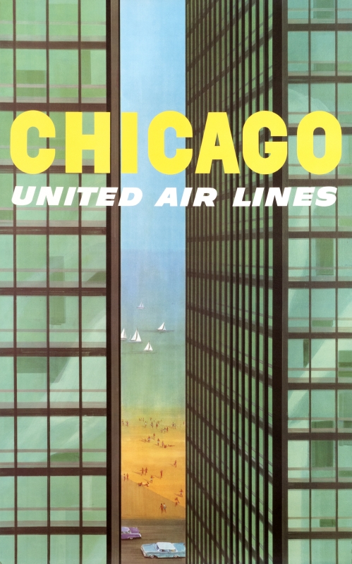 Twin "Glass House" skyscrapers designed by Mies van der Rohe with Lake Michigan and sailboats in distance; green, yellow, blue