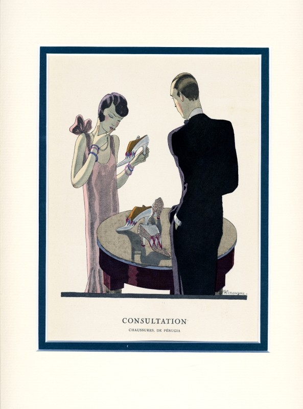 Woman in sleeveless dress choosing shoes; brown, pink, grey