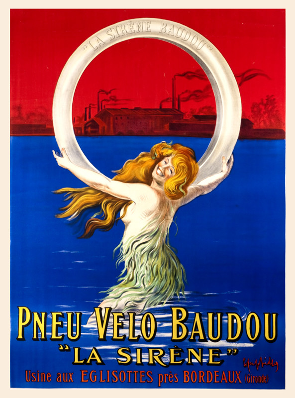 Mermaid/siren in sea by factory holds up tire, red hair flowing in wind; blue, yellow, red