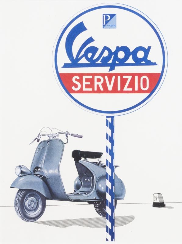 Vespa motor scooter and sign; blue, white, red, black