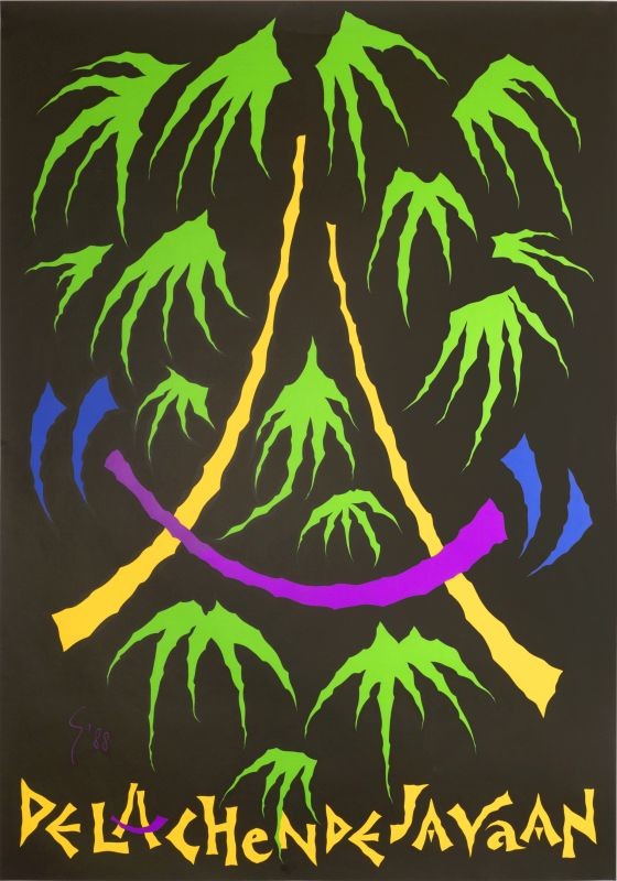 Abstract design of palm trees and hammock; purple, yellow, green, fuschia