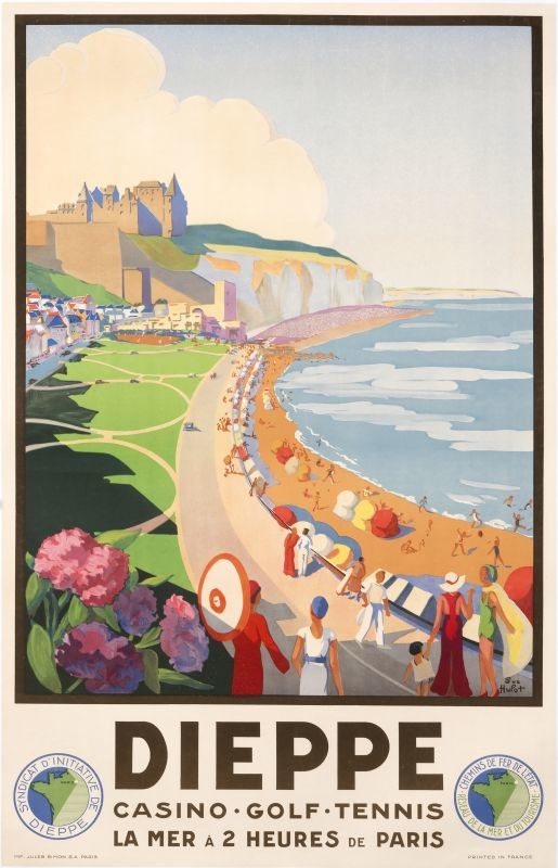 women, view of Normandy region beach and Dieppe castle above; red, green, tan