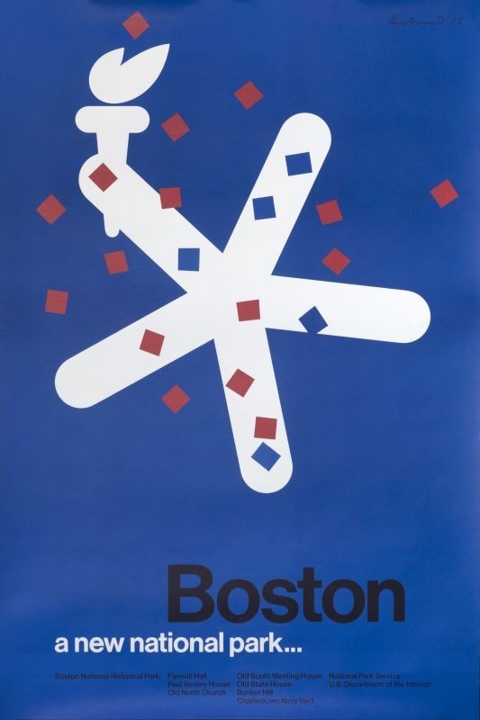 Abstract snowflake with squares on blue; red, white, blue