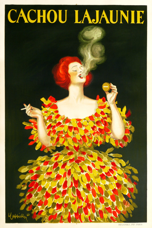 Woman in feathery dress exhales cigarette smoke, holds tin of mints; green, yellow, red